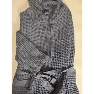 Onsen Waffle Weave Supima Cotton Hooded Spa Robe Blue Medium Luxury Bathrobe